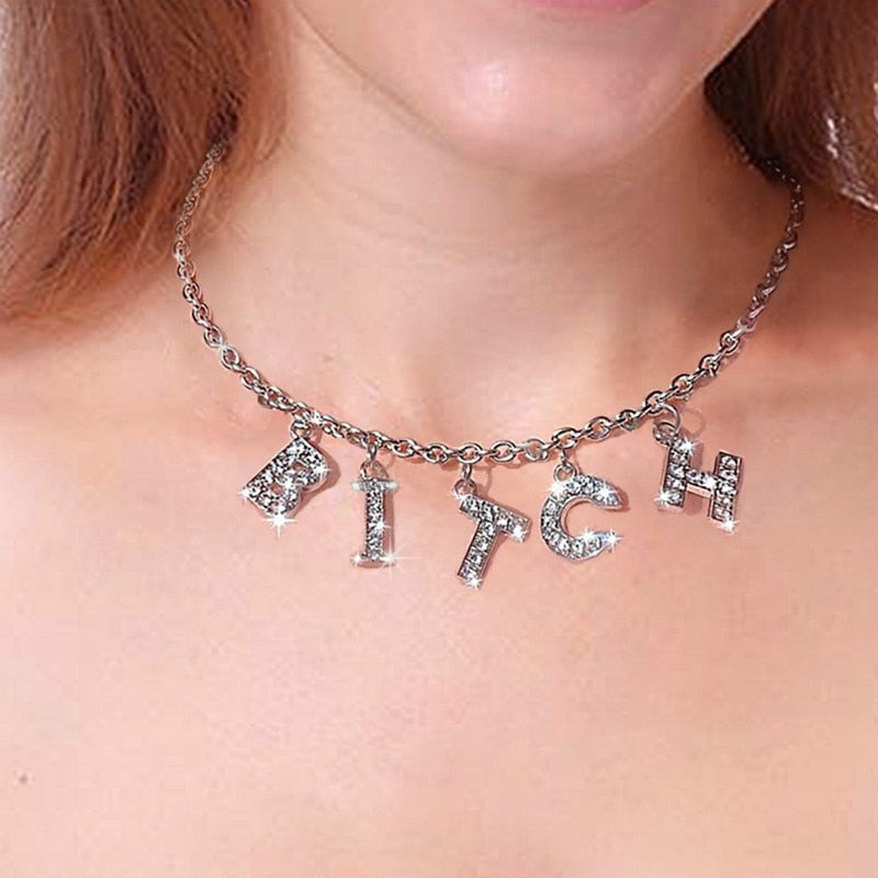 Letter Crystal Rhinestone Necklace Baby Angel Queen Name Pendant Choker Silver Color Chain Necklaces Women Jewelry Gift
