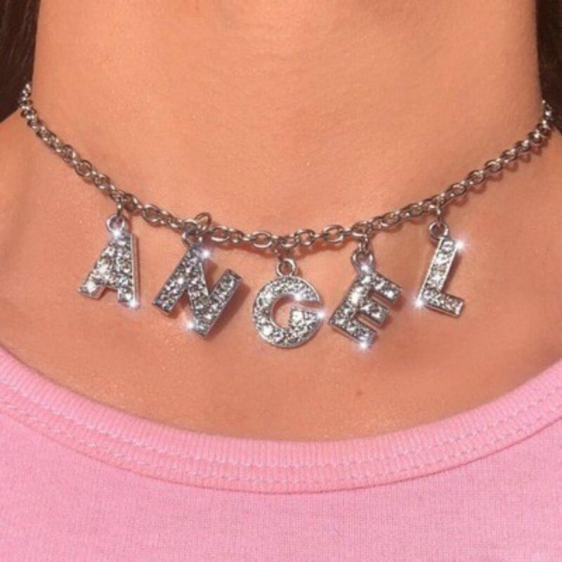 Letter Crystal Rhinestone Necklace Baby Angel Queen Name Pendant Choker Silver Color Chain Necklaces Women Jewelry Gift
