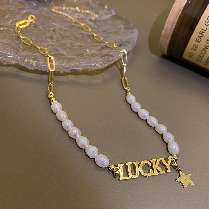 Letter Lucky Pendants Necklace Women Vintage French Romantic Style Freshwater Pearls Clavicle Chain Trend Splice Jewelry