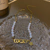 Letter Lucky Pendants Necklace Women Vintage French Romantic Style Freshwater Pearls Clavicle Chain Trend Splice Jewelry