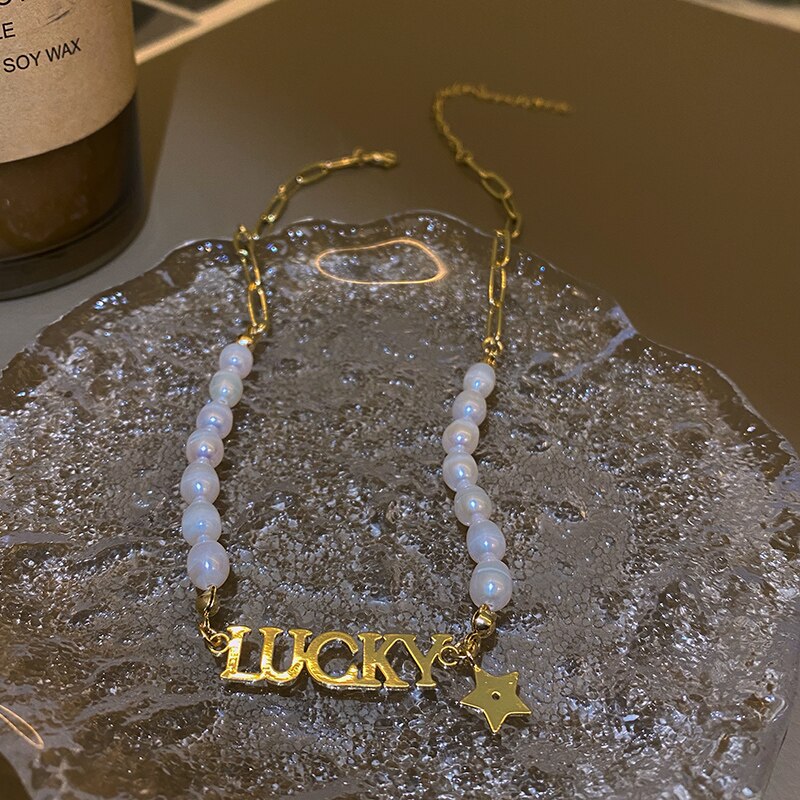 Letter Lucky Pendants Necklace Women Vintage French Romantic Style Freshwater Pearls Clavicle Chain Trend Splice Jewelry