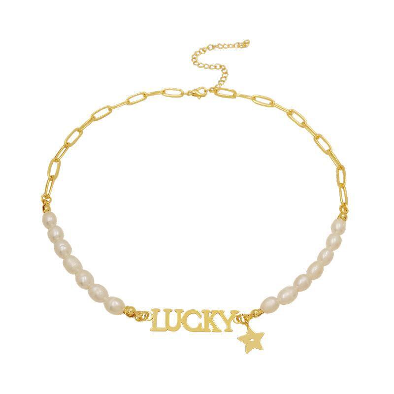 Letter Lucky Pendants Necklace Women Vintage French Romantic Style Freshwater Pearls Clavicle Chain Trend Splice Jewelry