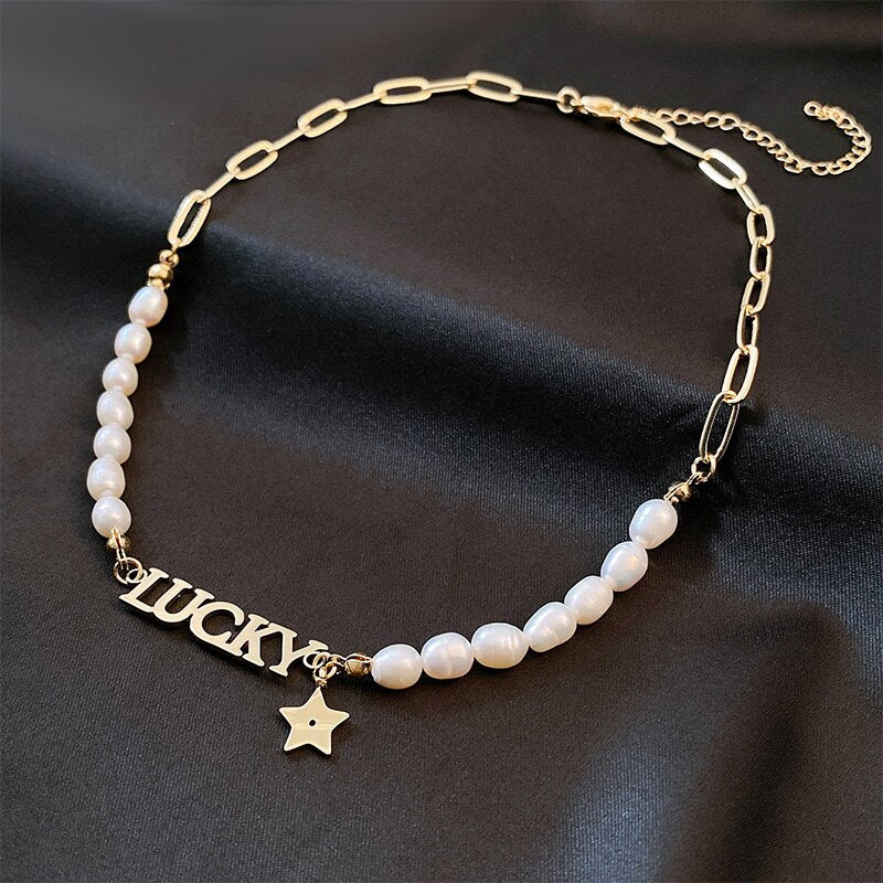 Letter Lucky Pendants Necklace Women Vintage French Romantic Style Freshwater Pearls Clavicle Chain Trend Splice Jewelry