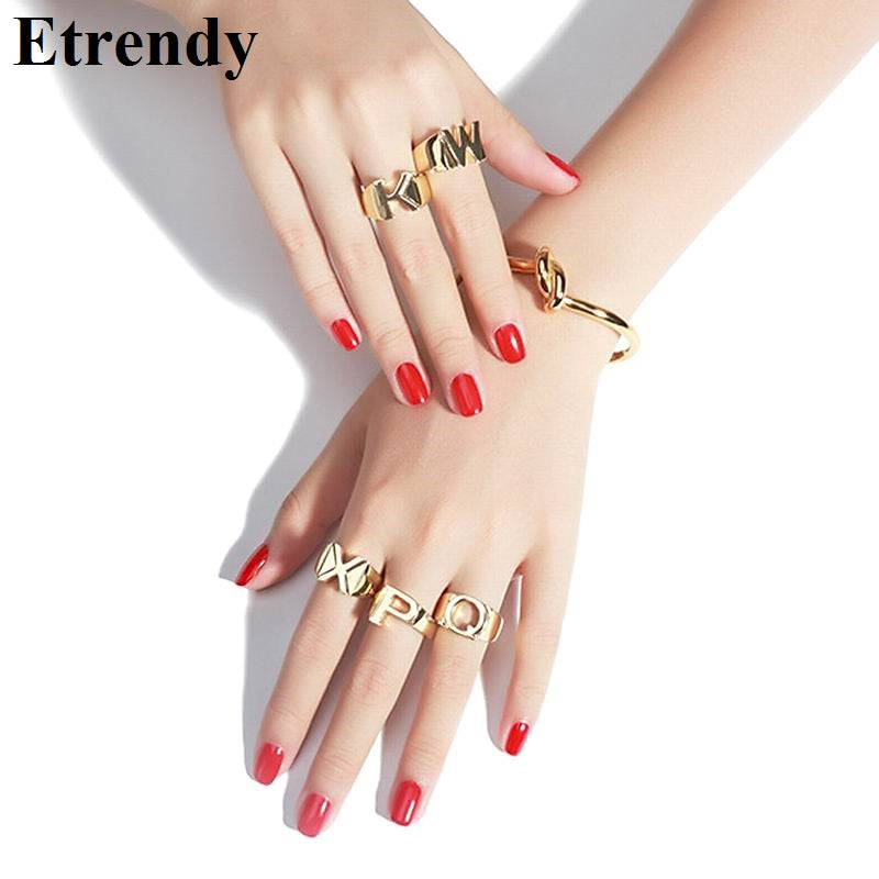 Fashion Letter Rings For Women Big Gold Color Name Ring Female Statement Party Charm Jewelry Gifts New Design Adjustable Wide