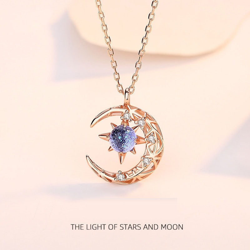 Light Of Stars And Moon Charm Necklace Delicate Clavicle Stars Rhinestone Chain Necklace For Women Jewelry