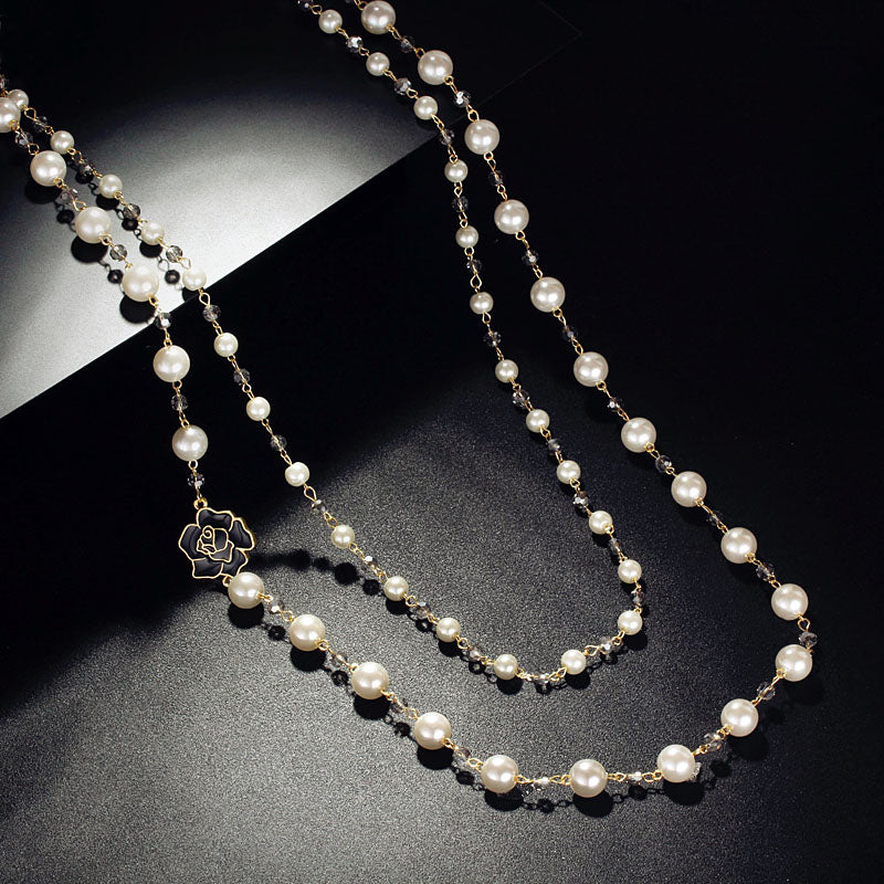 Fashion Long Double Layers simulated Pearl Chain Gray Crystals Black Rose Charm Pendant Necklace Women Jewelry Statement Gift