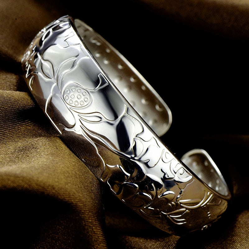 Fashion Lotus Wide 999 Silver Open Bangle