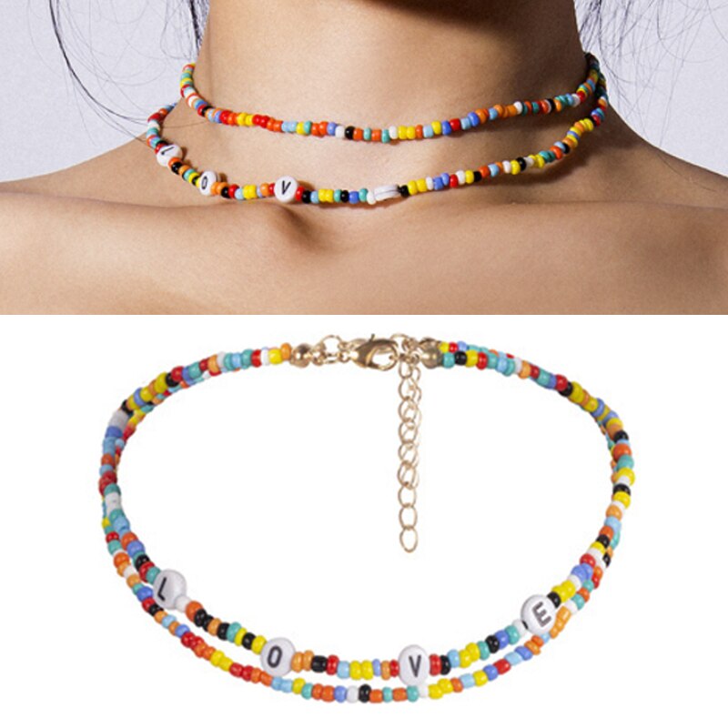 Love Rice Bead Bohemia Handmade  Necklace Letter Lucky Love Angel Choker Clavicular Chain Colorful Female Beach Jewelry