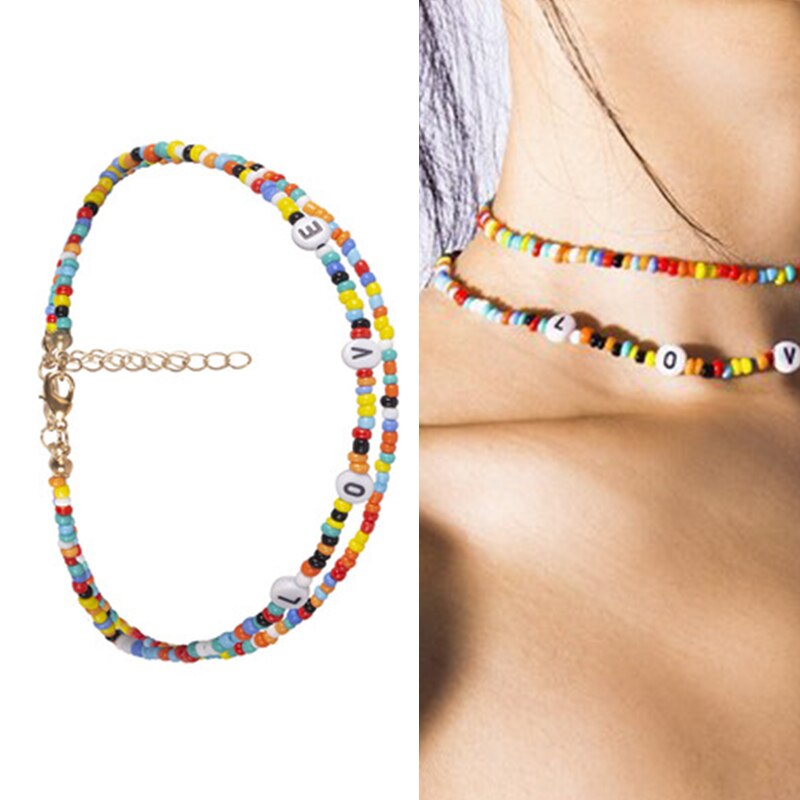 Love Rice Bead Bohemia Handmade  Necklace Letter Lucky Love Angel Choker Clavicular Chain Colorful Female Beach Jewelry