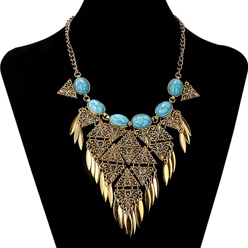Fashion Maxi Statement Boho Necklace Fine Jewelry Women Triangle Chain Tassel blue stone Beads Gypsy Vintage Necklace