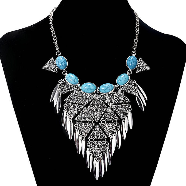 Fashion Maxi Statement Boho Necklace Fine Jewelry Women Triangle Chain Tassel blue stone Beads Gypsy Vintage Necklace