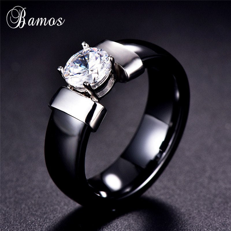 Fashion Men Women Black Ceramic Ring With Zircon Luxury Yellow/White Gold Color Promise Wedding Rings For Couple Engagement Ring