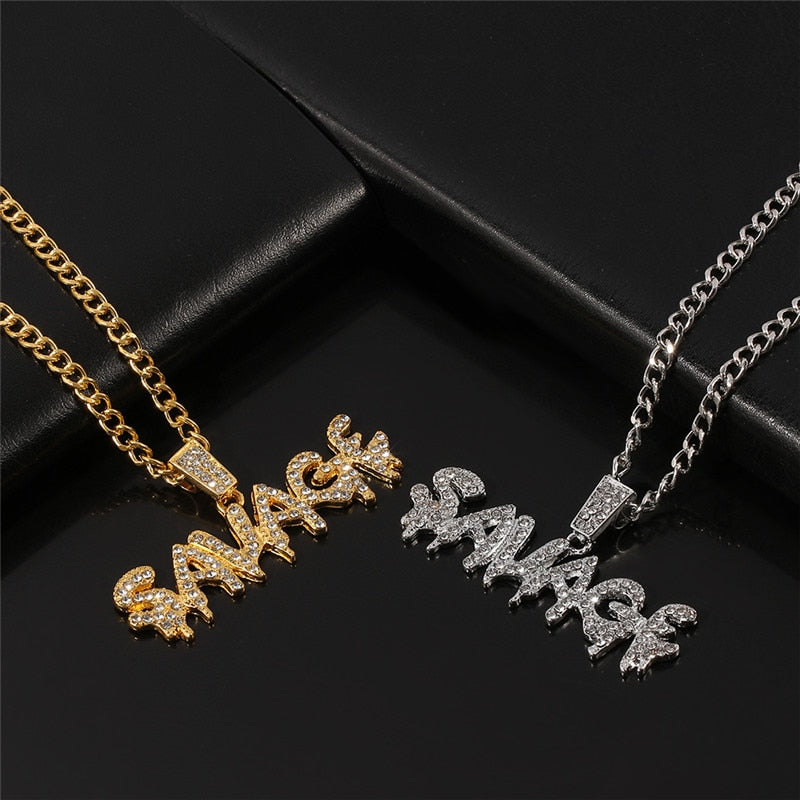 Men's Bling Bling Savage Letter Necklace & Pendant Shiny Ice Out Link Chain Necklace Choker Hip Hop Jewelry for Men
