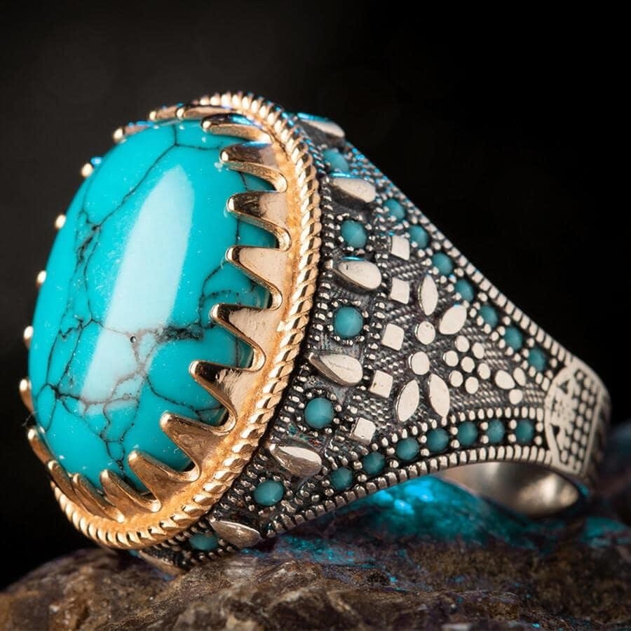 Men's Natural Turquoise Ring Vintage 925 Silver Gold Plated Ring Punk Biker Party Band Jewelry