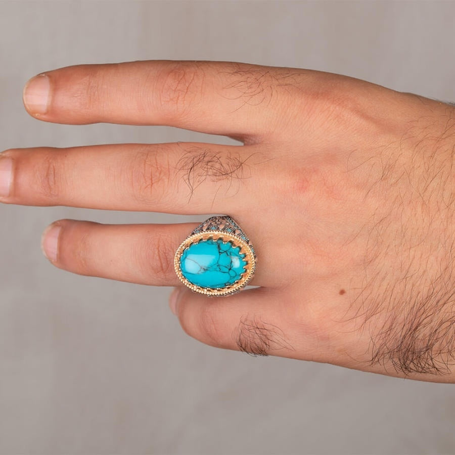Men's Natural Turquoise Ring Vintage 925 Silver Gold Plated Ring Punk Biker Party Band Jewelry