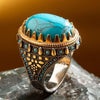 Men's Natural Turquoise Ring Vintage 925 Silver Gold Plated Ring Punk Biker Party Band Jewelry