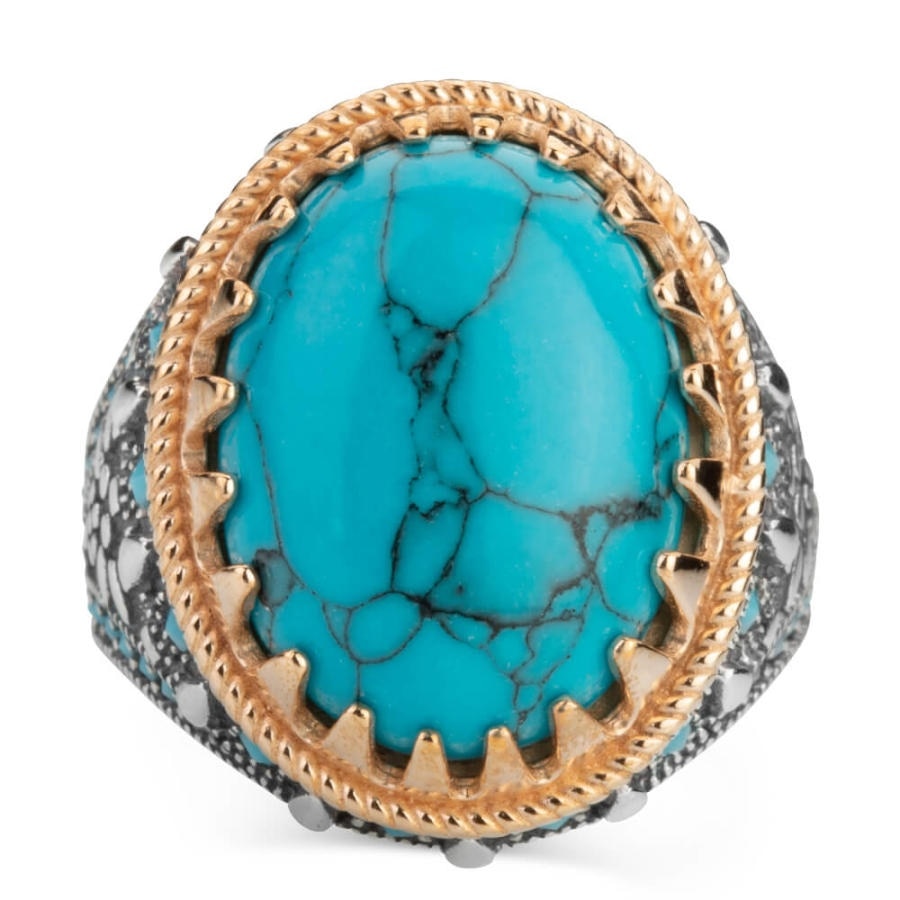 Men's Natural Turquoise Ring Vintage 925 Silver Gold Plated Ring Punk Biker Party Band Jewelry