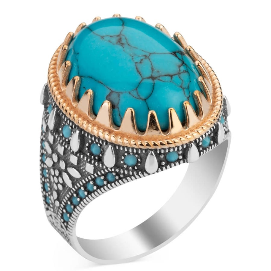 Men's Natural Turquoise Ring Vintage 925 Silver Gold Plated Ring Punk Biker Party Band Jewelry