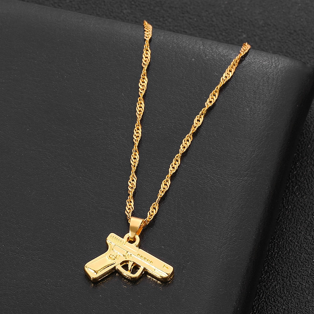 Mens Boys Necklaces Hand Pistol Gun Pendant Necklace Men Biker Black Gold-color Hip Hop Colar Jewelry