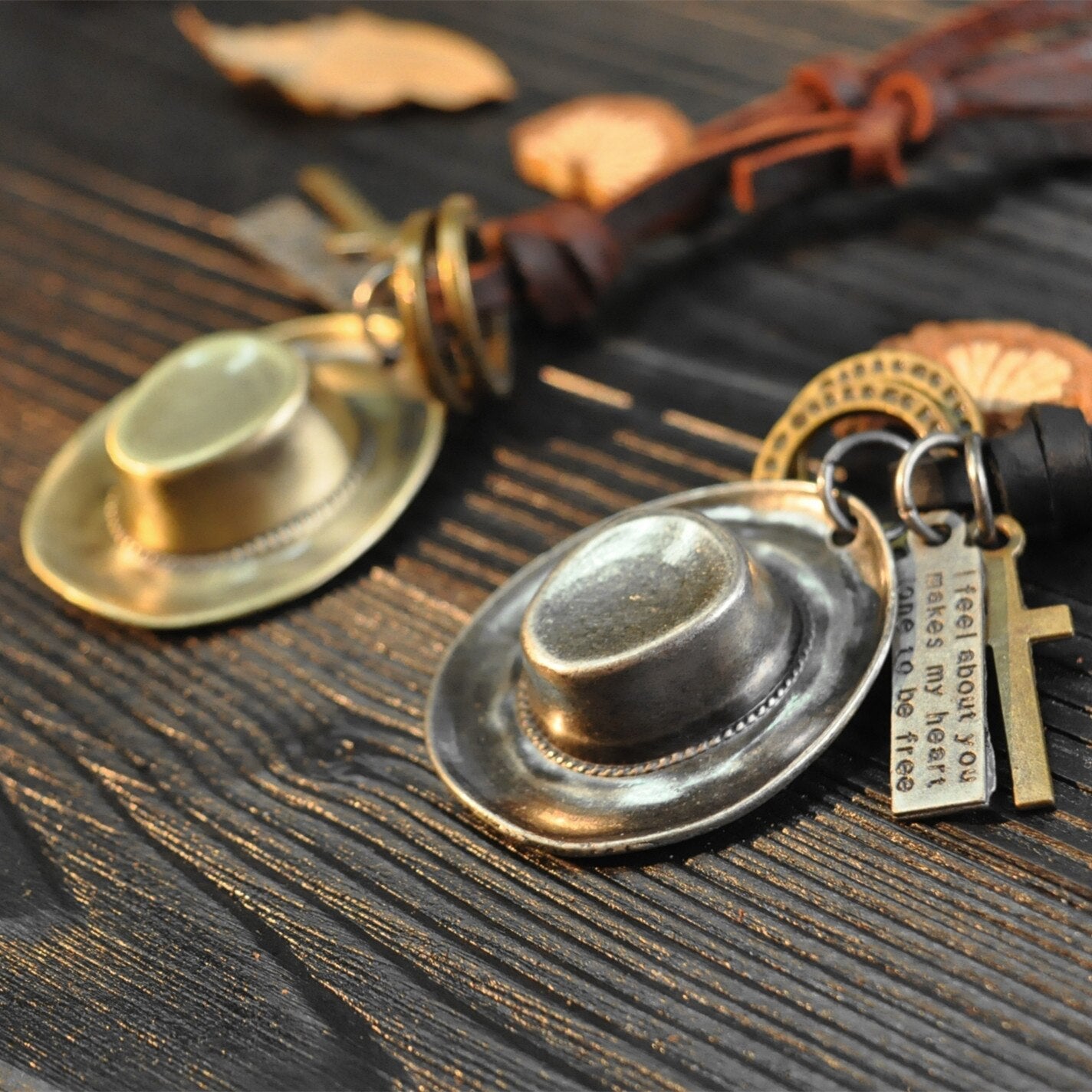 Metal Cowboy Hat Pendant Pull Adjustment Personality Hat Pendant Cowhide Necklace Personality Boyfriend Gift