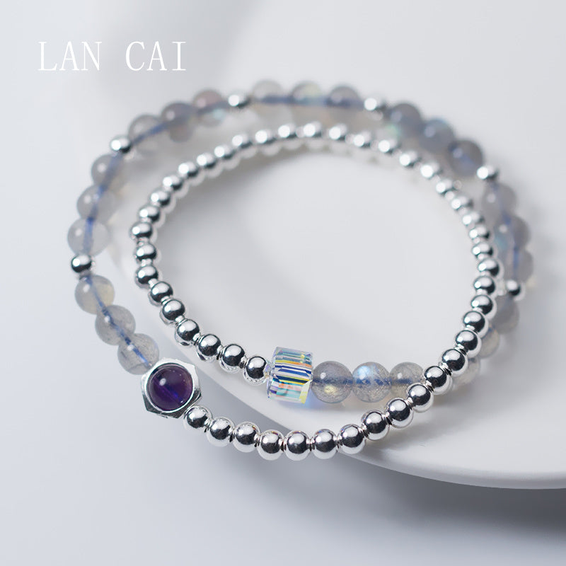 Fashion Multi Circles Blue Light Moonstone Bracelet LAN CAI 925 Sterling Sliver Natural Stone Square Crystal Handmade Bracelet