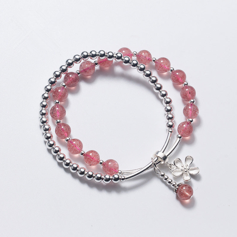 Fashion Multi Circles Natural Strawberry Quartz Bracelet LAN CAI 925 Sterling Sliver Beads&Flower Pendant Handmade Bracelet for