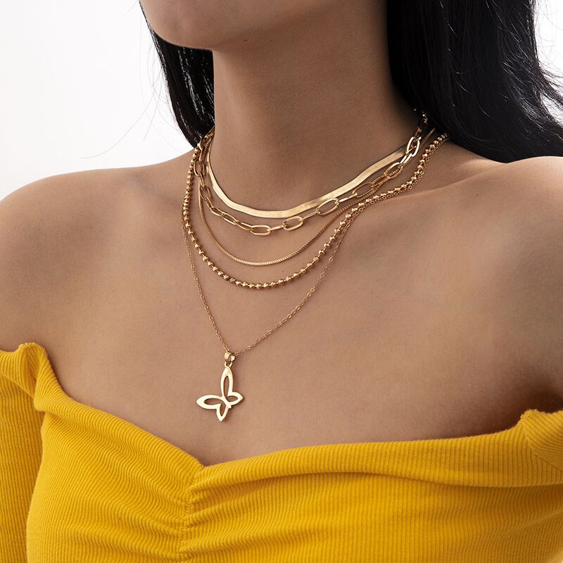 Multi-layered Snake Bone Bead Chain Necklace Women Bow Pendant Necklace Choker Vintage Necklace Party Jewelry Gift XR-11