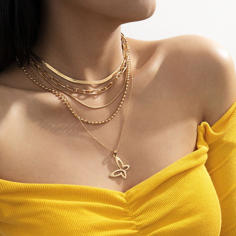 Multi-layered Snake Bone Bead Chain Necklace Women Bow Pendant Necklace Choker Vintage Necklace Party Jewelry Gift XR-11