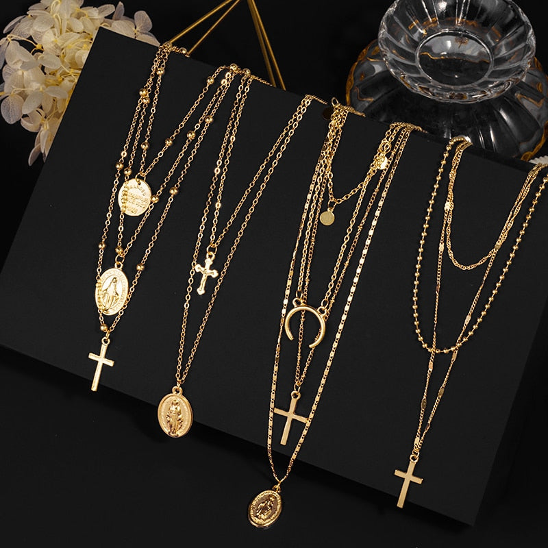 Multilayer Necklaces Pendants Vintage Moon Choker Cross Necklace For Women Female Party Punk Statement  Jewelry Bohemia