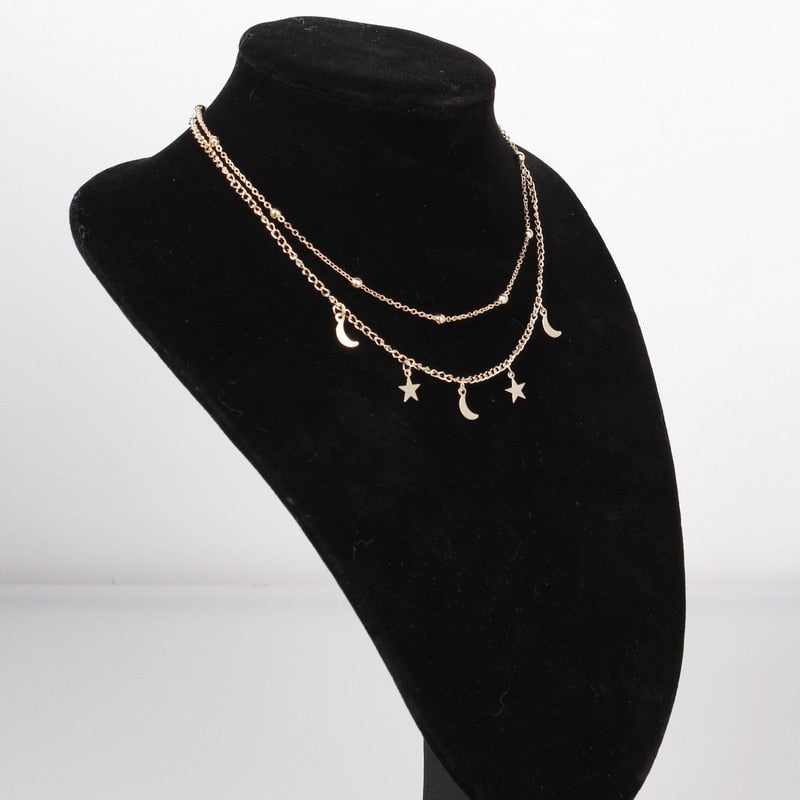 Multilayer Stainless Steel Endant Women Gold Silver Color Beads Moon Star Horn Crescent Double Chain Choker Necklaces