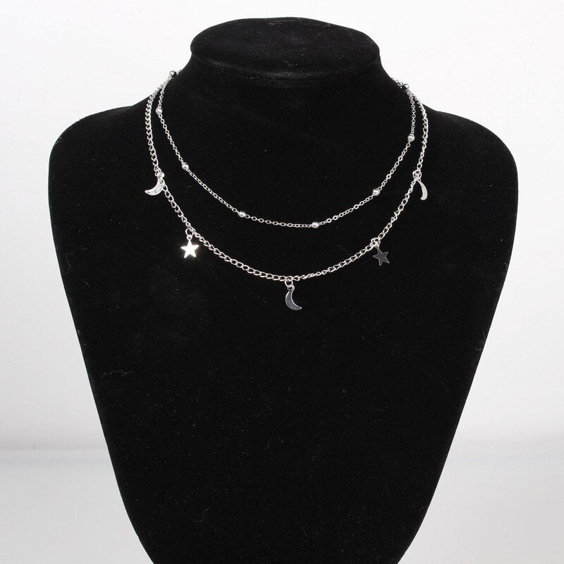 Multilayer Stainless Steel Endant Women Gold Silver Color Beads Moon Star Horn Crescent Double Chain Choker Necklaces