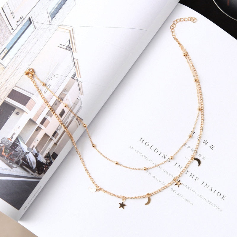 Multilayer Stainless Steel Endant Women Gold Silver Color Beads Moon Star Horn Crescent Double Chain Choker Necklaces