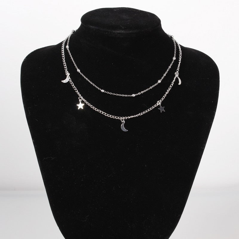 Multilayer Stainless Steel Endant Women Gold Silver Color Beads Moon Star Horn Crescent Double Chain Choker Necklaces