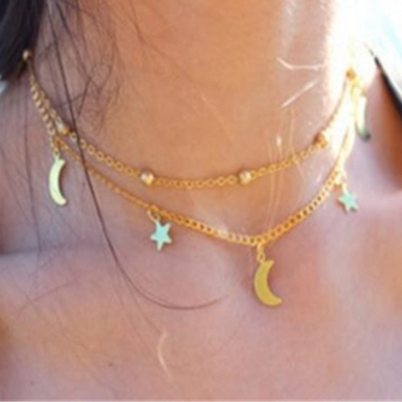 Multilayer Stainless Steel Endant Women Gold Silver Color Beads Moon Star Horn Crescent Double Chain Choker Necklaces