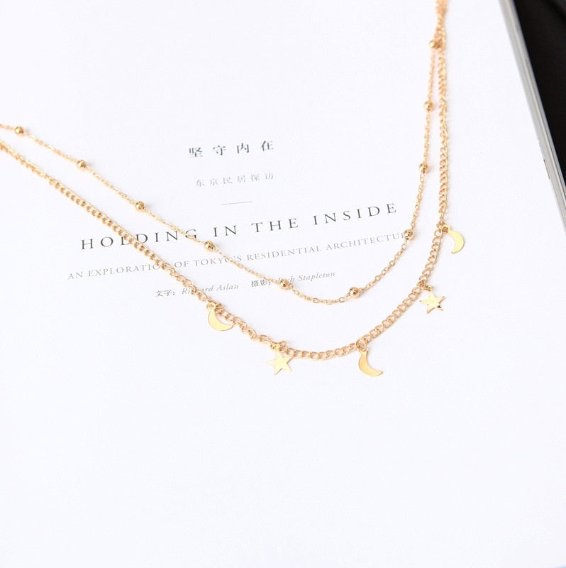 Multilayer Stainless Steel Endant Women Gold Silver Color Beads Moon Star Horn Crescent Double Chain Choker Necklaces