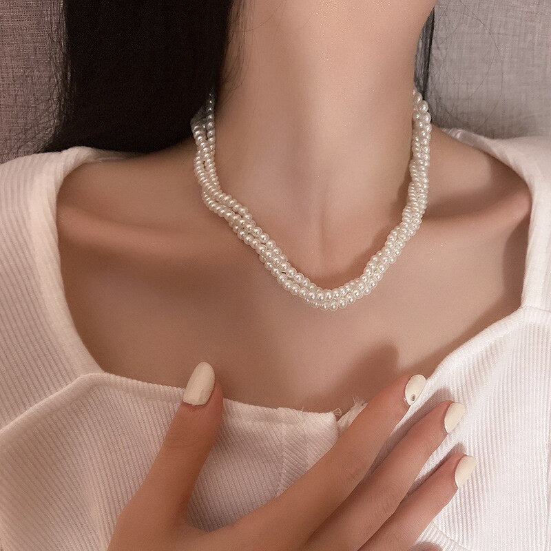 Mutilayer Pearl Choker Necklace for Women Girls Vintage Gold Color Round Beaded Pearl Necklace Collier Jewelry Gifts