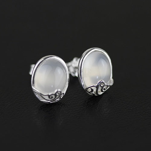 Fashion Natural Agate/Chalcedony Gemstone 925 Sterling Silver Stud Earrings