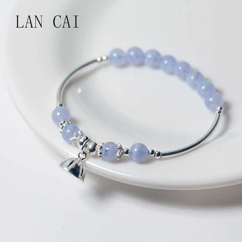 Fashion Natural Blue-veins Stone Beads Bracelet 925 Sterling Sliver Lotus Seed Pod Pendant Bracelet LAN CAI Jewelry for Women