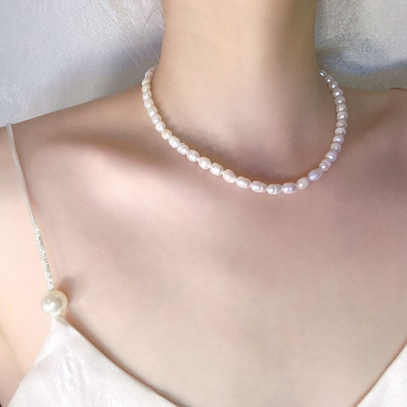 Natural Freshwater Pearl Necklace Women's French Style Elegant Temperament Clavicle Chain Beaded Choker Vintage Jewelry