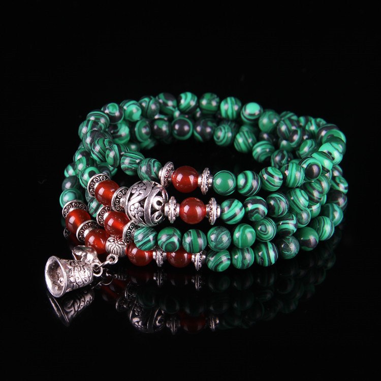 Fashion Natural Malachite and Red Stone Stone 108 Beads Beaded Strand Bracelets Tibetan Rosary Buddhism Prayer Beads