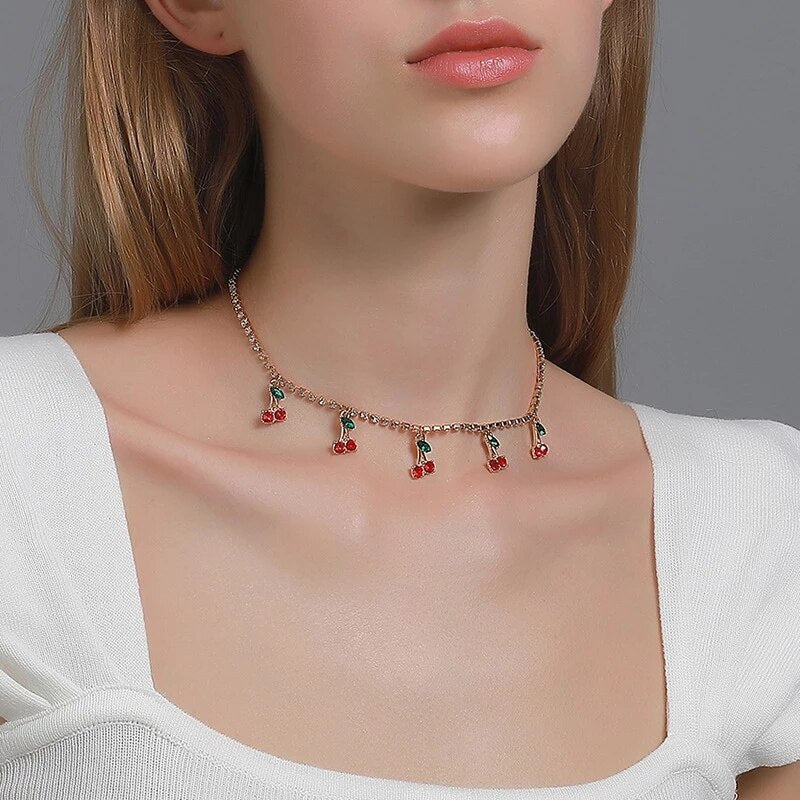 Necklace 2021 Trend Hip Hop Chain Cherry Pendant Necklace Small Fresh Single Row Micro-Studded Ladies Choker Jewelry