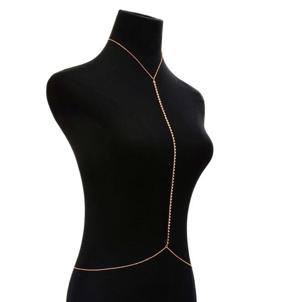 Net Harness Rhinestone Chain Necklace Gold Color Waist Chain Women Jewelry Sexy Bikini Metal Body Chain