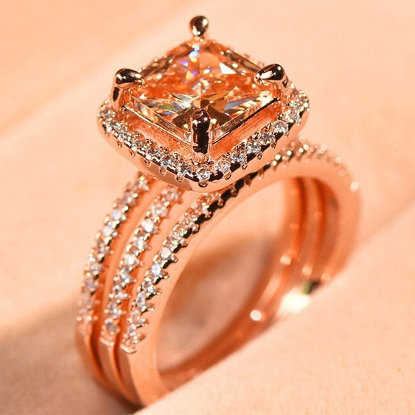 Fashion New 18K Rose Gold Three Sets Diamond Close Rings for Women Full Princess Engagement Zircon 925 Sterling Silver Jewelry