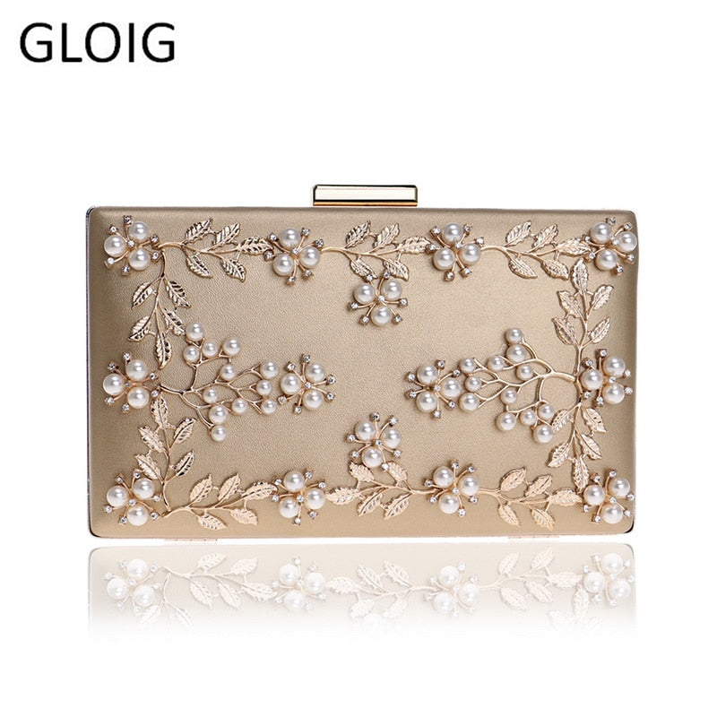 Women Evening Clutch Bags PU Chain Shoulder Handbags Leaf Metal Beaded Evening Purse Messenger Bags