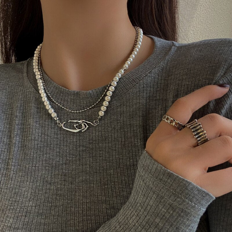 Night Reflect Necklaces Women Gothic Irregular Vintage Pearl Clavicle Chain Hip-Hop Personality Jewelry Prom Accessories