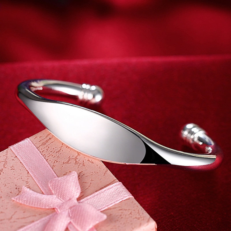 Fashion Noble Style Shiny 925 Sterling Silver Cuff Bangle Bracelet for Women Fine Jewelry Gifts Double Beads Bendable Silver