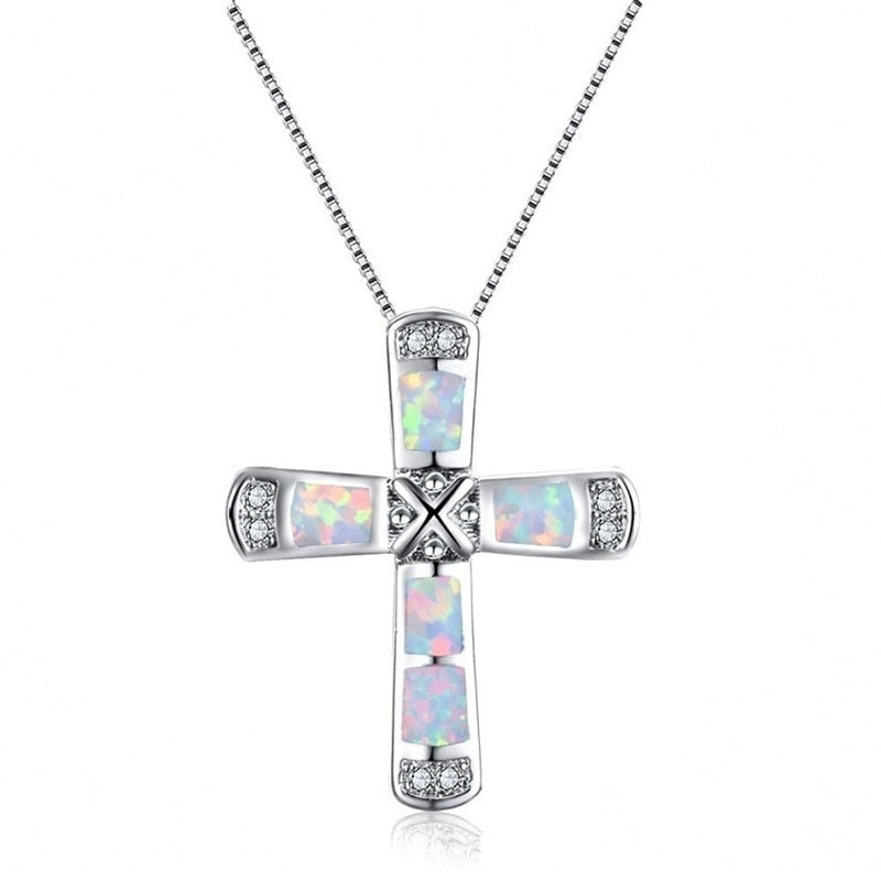 Opals Cross Pendant Necklaces For Women Chain Necklaces Female Ladies Silvery Jewelry Necklace Femme Choker Necklace New