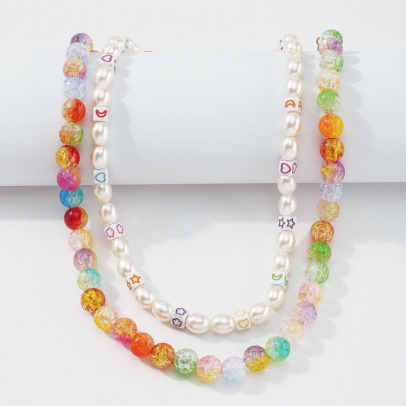 Oval Pearl Colorful Beads 2pcs Necklace Set For Women Double Layers Statement Choker Collares Jewelry