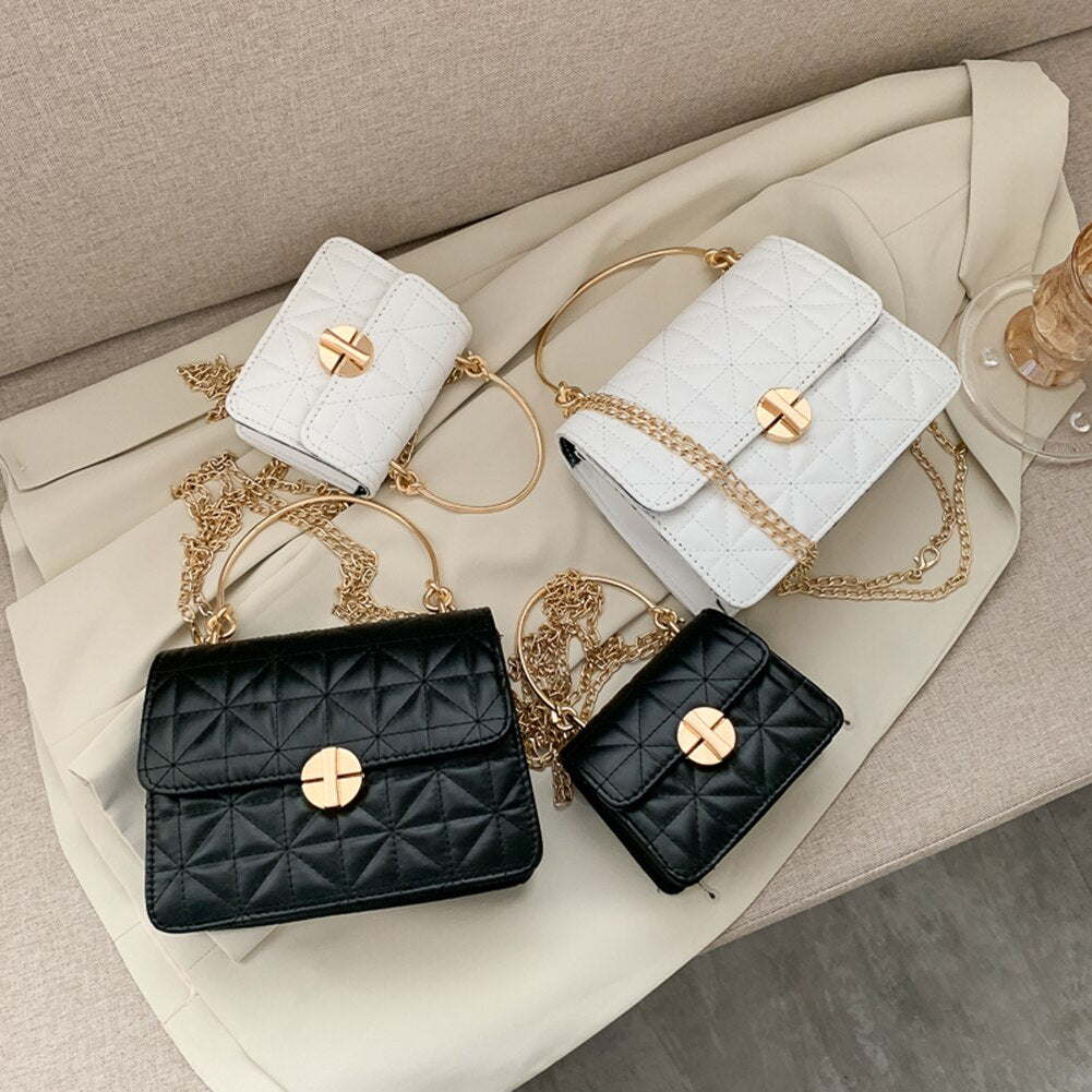 PU Leather Crossbody Messenger Bags Women Causal Lattice Pattern Round Ring Handle Chain Shoulder Handbag