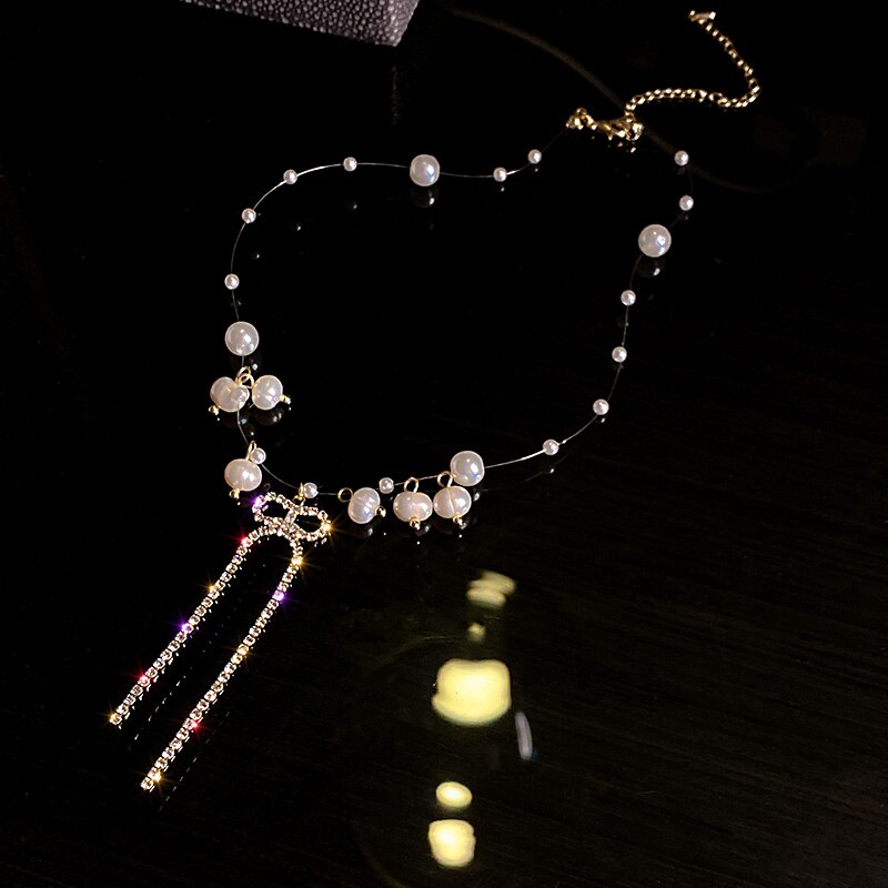 Pearl Bowknot Tassel Necklace French Romantic Style Jewelry Trendy Bohemian Clavicle Chain Dainty Commemorative Gift